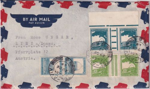 Palästina - 2 Mils. Zwischensteg u.a. Luftpostbrief n. ÖSTERREICH Tel Aviv 1947