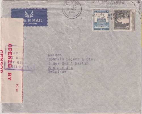 Palästina - 10+15 Mils. Freimarken Luftpost-Zensurbrief n. BELGIEN Tel Aviv 1939