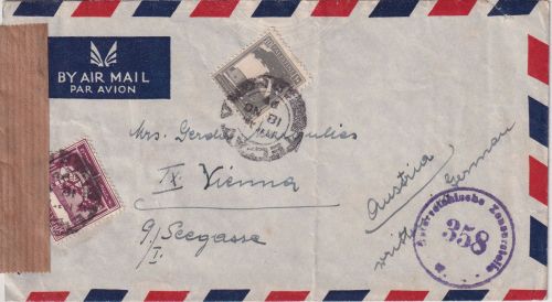 Palästina - 50+10 Mils. Freimarken Lupo-Zensurbrief n. ÖSTERREICH Tel Aviv 1946