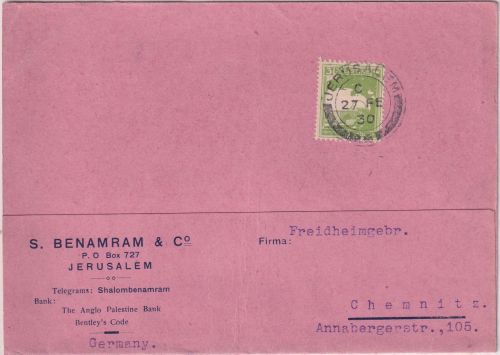Palästina - 3 Mils. Drucksachenkarte Jerusalem - Chemnitz 1930