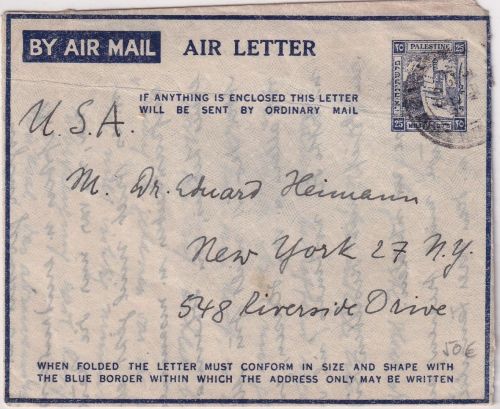 Palästina - 25 Mils. Ganzsache/Luftpostfaltbrief n. USA Karkur - New York 1948