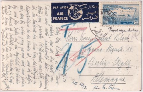 Syrien - 25 Pia. Flugpostausgabe Luftpostkarte Lattaquie - Berlin 1951 Nachporto
