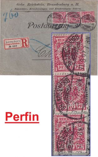 DR - 3x10 Pfg. K/A Perfin "GbrRB" R-Postauftrag Brandenburg - Chemnitz 1897