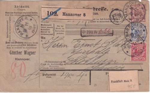 DR - 10+20+50 Pfg. K/A je Perfin "G.W." Paketkarte i.d. SCHWEIZ Hannover 8 1898