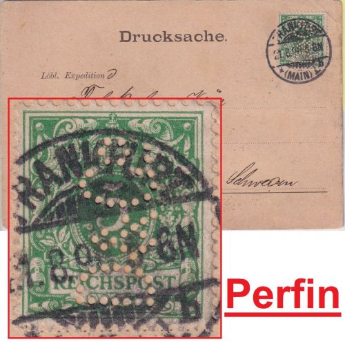 DR - 5 Pfg. K/A Perfin "D&Co." Drucksachenkarte n. SCHWEDEN Frankfurt a/M 1896