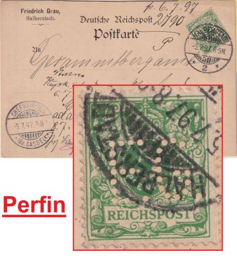 DR - 5 Pfg. K/A Perfin "FG" Firmenkarte Halberstadt - Obernkirchen 1897