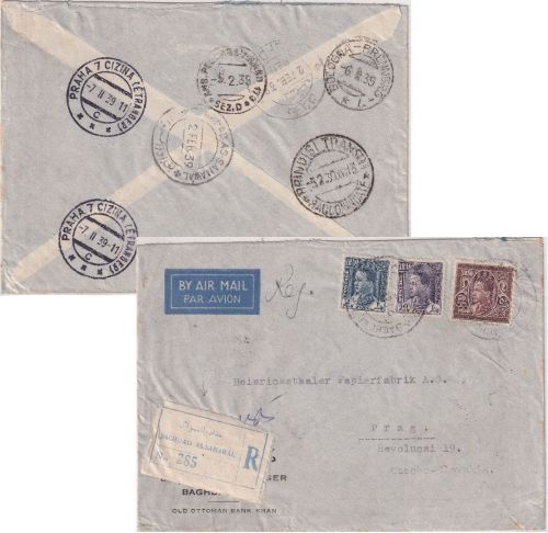 Irak - 50+40+2 F. Ghasi I. Luftpost-Einschreibebrief n. TSCHECHIEN Baghdad 1938