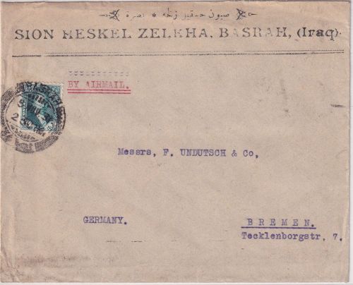 Irak - 3 A. Faisal I. Luftpost-Firmenbrief Basrah - Bremen 1931