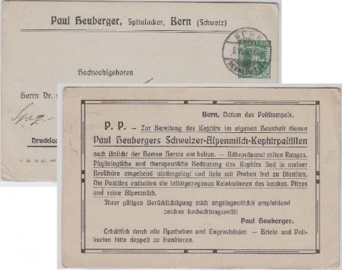 Schweiz - 5 Rp. Privatganzsache/Karte Heuberger (Arznei) Bern - Frankfurt/M 1908