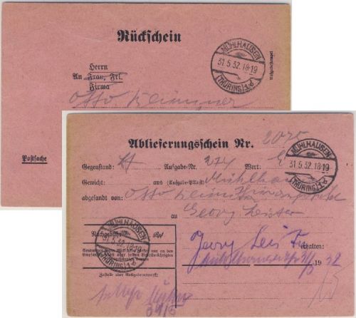 DR - Mülhausen (Thüringen) 1932 Orts(!!)-Rückschein - selten !