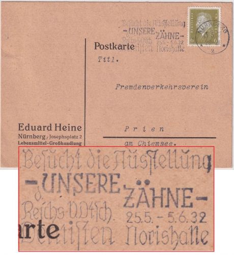 DR - Nürnberg 1932 Masch.werbestempel "Unsere Zähne" Karte Motiv: Zahnmedizin