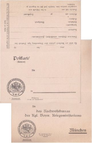 Bayern - München Heeressache Vordruckkarte m. Antwortteil Nachweisbüro ca. 1914