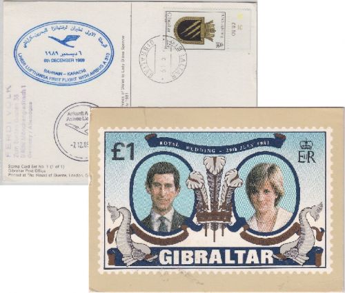 Gibraltar - Zuleitungspost LH 1st-Flug Bahrain - Karachi Luftpostkarte 1989