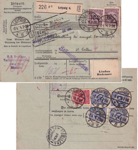 DR - Paketkarte i.d Schweiz Leipzig - St. Gallen 1924 Leitzettel Lindau Bodensee