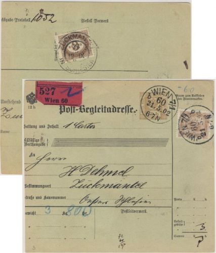 Österreich - 10 H. Paketkarte Zusatzfrankatur Wien - Zuckmantel 1902 3 H. Porto