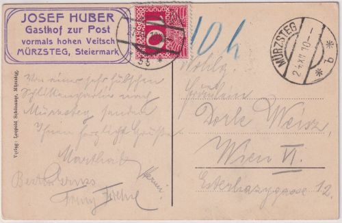 Österreich - 10 H. Portomarke unfrankierte Karte Mürzsteg (Steiermark) Wien 1910
