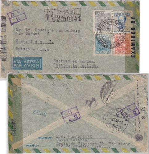 Brasilien - Rio de Janeiro (1.12.44) - Zürich (4.7.45 !!) Luftpost Einschreiben