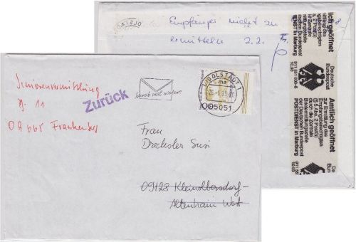 BRD - Amtlich geöffnet Brief Ingolstadt Kleinolbersdorf 1995 Verschlusstreifen