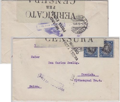 Chile - Santiago 1916 Zensurbf. i.d. SCHWEIZ ital. Zensurverschluss Milano