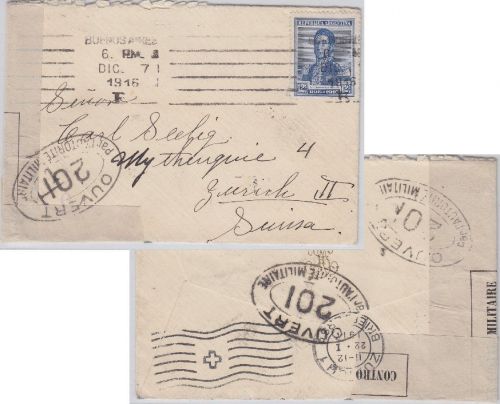 Argentinien - Buenos Aires 1916 Zensurbf. i.d. SCHWEIZ franz. Militärzensur