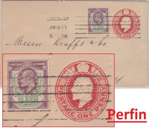 England - 1 P GA-Umschlag + Zusatz beide Firmenlochung Perfin London Berlin 1907