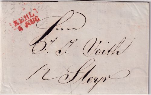 Baden/Österreich - Kehl 6. AUG roter L2 Grenzfrankobrief n. Steyr 1842