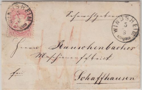 Bayern/Schweiz - 3 Kr. Wappen gez. Brief Zier-K1 Windsheim 5/8 (1874) Nachporto