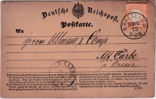 DR - 1/2 Gr. gr. Brustschild Fernkarte K1 Breslau 30/10 72 n. Alt-Carbe