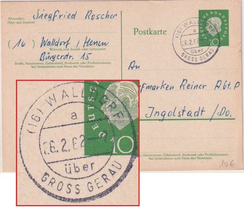 BRD - (16) Walldorf ü. Gross Gerau Poststelle I Ganzsache n. Ingolstadt 1962