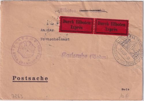 BRD - Zell (Hamersbach) 1957 Postsache/Eilbrief ans Postscheckamt Karlsruhe