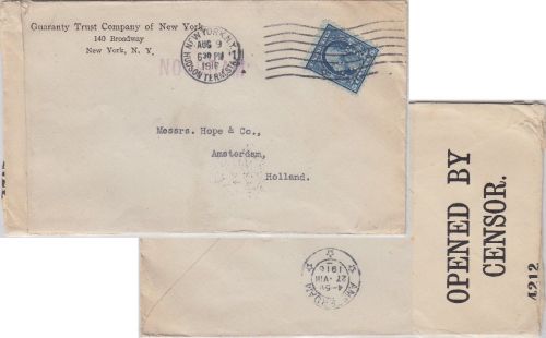 USA - 5 C. Washington Perfin GT Zensurbrief New York - NIEDERLANDE 1916 Zensur