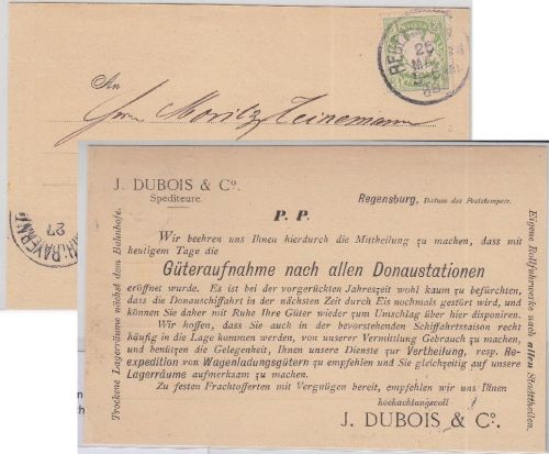 Bayern 3 Pfg Wappen A-Zähnung Drucksache Donau-Schifffahrt Regensburg Fürth 1889