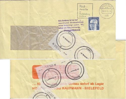BRD - Crashcover Bielefeld 30.6.75 beschädigt b.d. maschinellen Briefbearbeitung