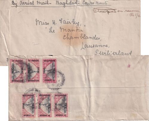 Irak/Brit. Besetzung - 6x3 An./1 1/2 Pia. Luftpostbrief i.d. SCHWEIZ Bagdad 1922