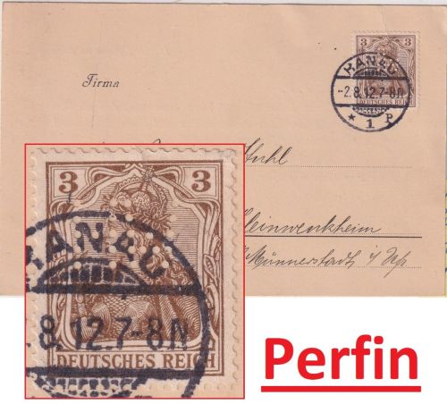 DR - 3 Pfg. Germania Perfin "HW" Drucksachenkarte Hanau - Kleinwenkheim 1912