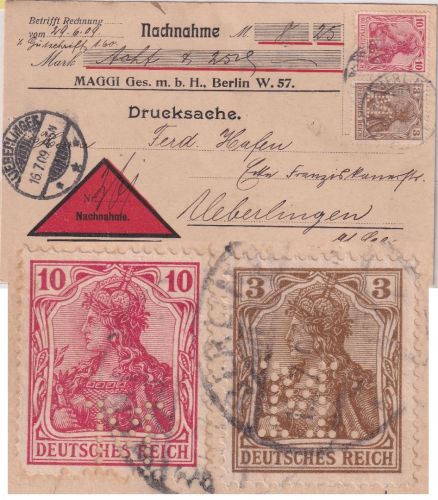 DR - 3+10 Pfg. Germania Perfin "M" Nachnahme-Drucksachenkarte Berlin 1909