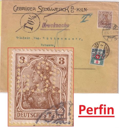 DR - 3 Pfg. Germania Perfin "G.St." Drucksache i.d. SCHWEIZ Köln 1912 Nachporto