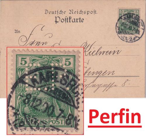 DR - 5 Pfg Germania/Reichspost Perfin "EP" Firmenkarte Karlsruhe - Tübingen 1900