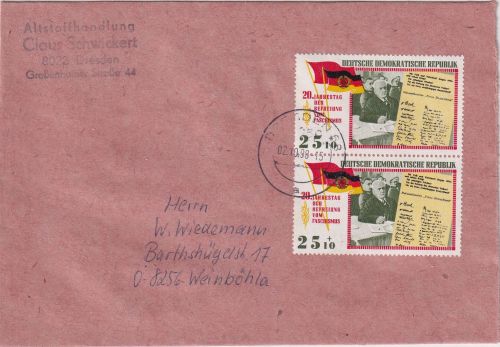 DDR - 2x25 Pfg. Befreiung Faschismus Brief Dresden - Weinböhla 2.10.90