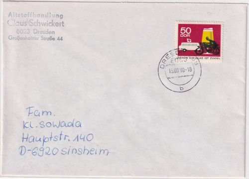 DDR - 50 Pfg. Sicherheit/Straßenverkehr Brief Dresden - Sinsheim 15.8.90