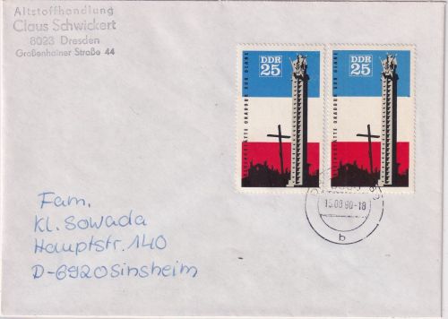 DDR - 2x25 Pfg. Mahnmal Oradour Brief Dresden - Sinsheim 15.8.90