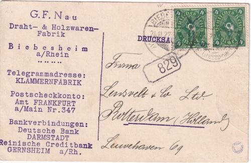 DR-Infla - 4 M. Posthorn Paar Karte n. HOLLAND Biebesheim - Rotterdam 24.11.23