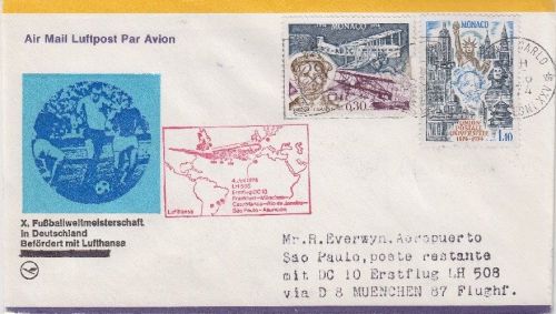 Monaco - Zuleitungspost Lufthansa 1st-Flug München - Sao Paulo LupoBrief 1974