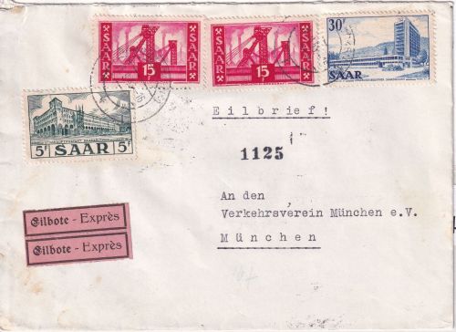 Saarland - 30+2x15+5 F. Freimarken Eilbrief Saarbrücken - München 1956