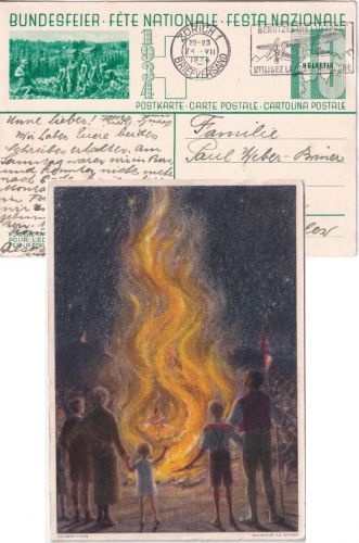 Schweiz - 10 Rp. Bundesfeier Ganzsache (Augustfeuer) Zürich - Dietlikon 1934