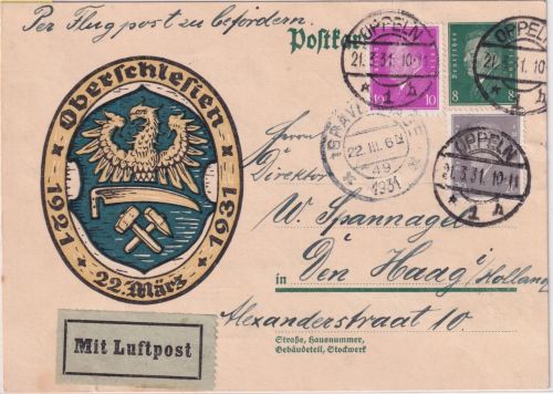 DR - 8 Pfg. Oberschlesien Ganzsache+Zusatz Lupo-Karte n. HOLLAND Oppeln 21.3.31