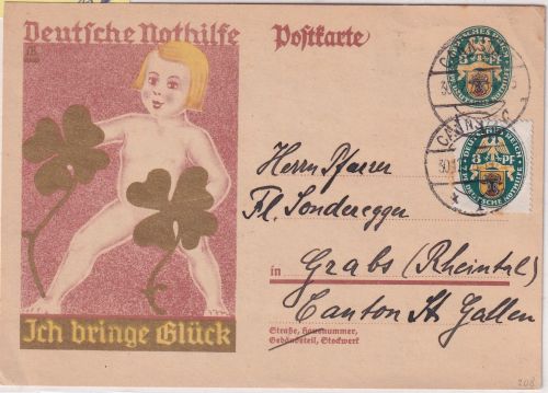 DR - 8 Pfg. Nothilfe Ganzsache+Zusatz i.d. SCHWEIZ Cannstadt - Grabs 1928
