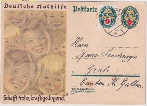 DR - 8 Pfg. Nothilfe Ganzsache+Zusatz i.d. SCHWEIZ Cannstadt - Grabs 1929