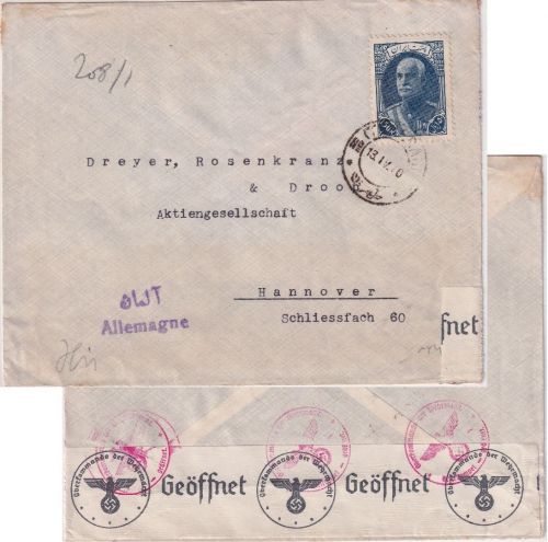 Iran - 1,50 R. Schah Zensurbrief Teheran - Hannover 1940 OKW-Zensurverschluss