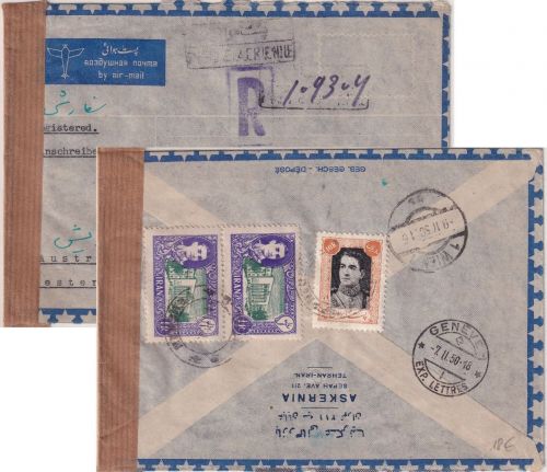 Iran - 10 R. Schah u.a. Luftpost-Einschreibebrief Teheran - Wien 1950